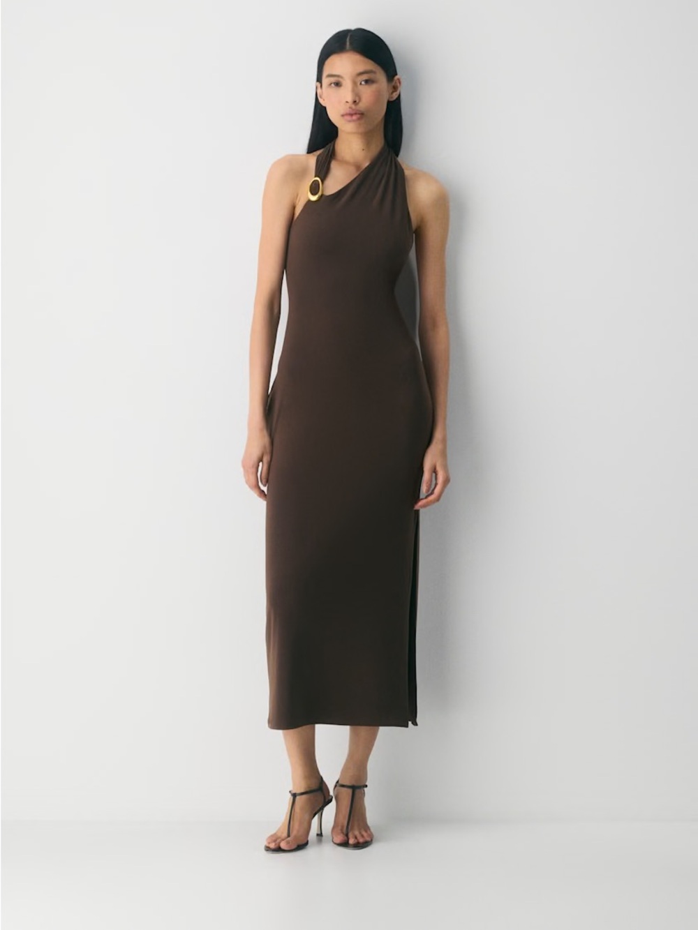 Aritzia One-Shoulder Midi Dress in Chocolate with Gold Ring
